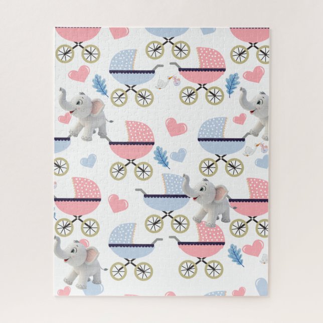 Baby Stroller Stork Pink & Blue Elephant  Puzzles  (Vertical)