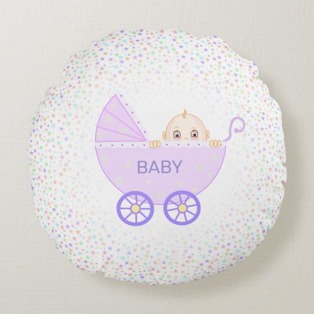 Baby Stroller with Baby & Multicolored Stars  Round Cushion (Front)
