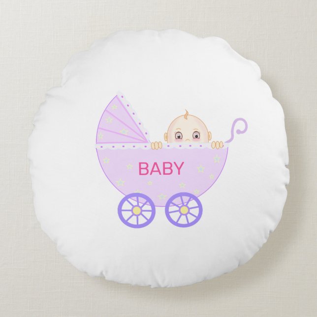 Baby Stroller with Baby on White Round Cushion (Front)