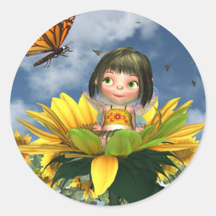 Baby Sunflower Fairy with Summer Background Classic Round Sticker