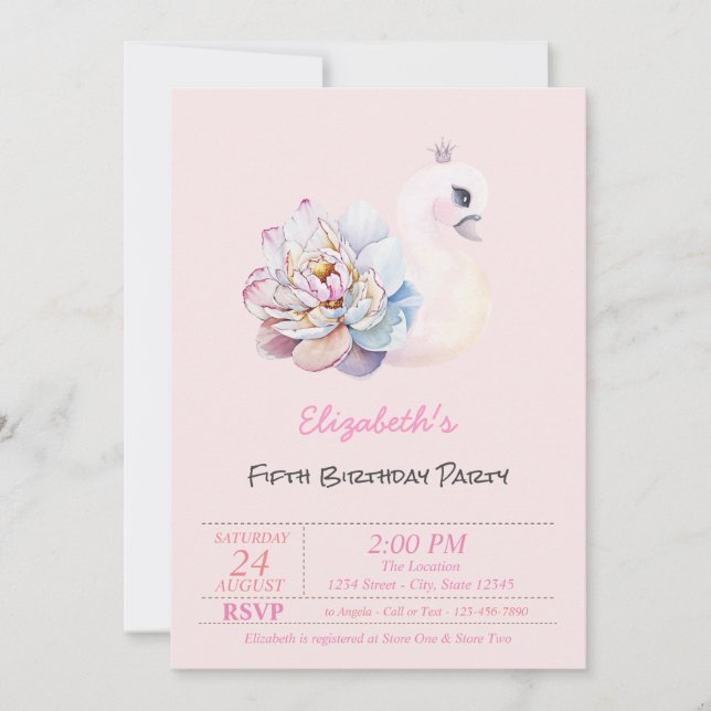 Baby Swan Flower Pink Birthday Invitation (Front)