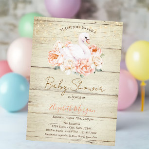 Baby Swan Flowers Wood Texture Baby Shower  Invitation
