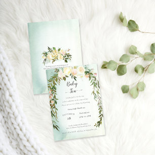 Baby Tea Shower Green White Roses Floral Invitation