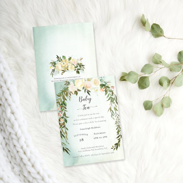 Baby Tea Shower Green White Roses Floral Invitation (Creator Uploaded)