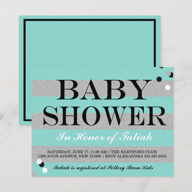 BABY Teal Blue & Silver Sprinkle Shower Party Invitation (Front/Back)
