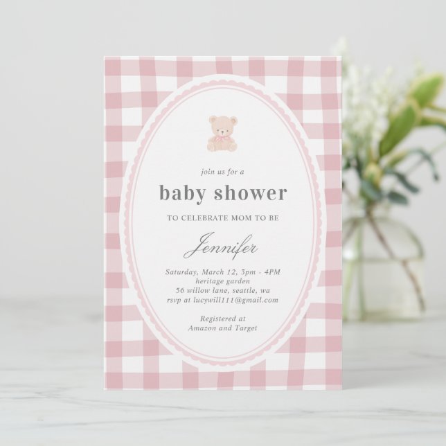 Baby Teddy bear Baby shower Pink Gingham Invitation (Standing Front)