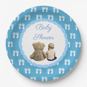 Baby & Teddy Bear Blue Footprints Baby Shower Paper Plate