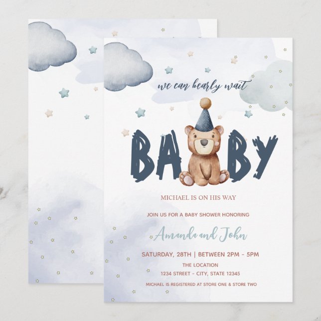Baby Teddy Bear Stars Clouds Baby Shower   Invitation (Front/Back)