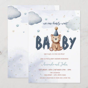 Baby Teddy Bear Stars Clouds Baby Shower   Invitation