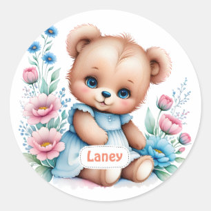 Baby Teddy bear with watercolor florals Classic Round Sticker