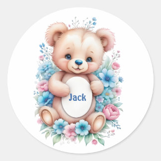 Baby Teddy bear with watercolor florals Classic Round Sticker