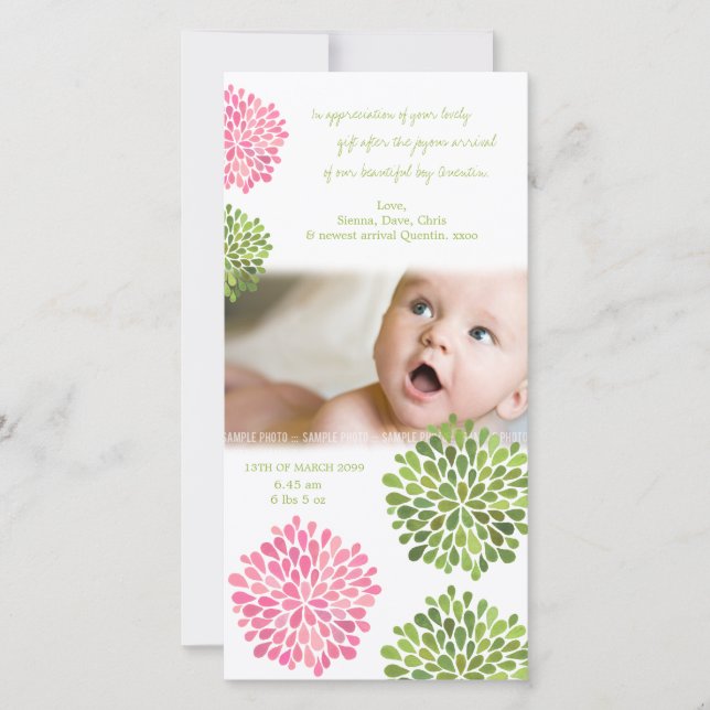 Baby Thank You Card Pink & Green Dahlia Flowers (Front)