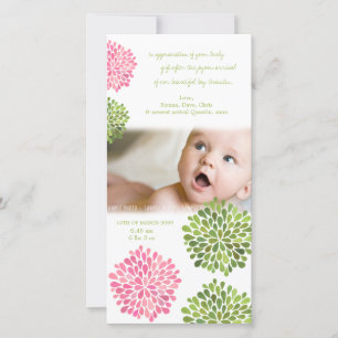 Baby Thank You Card Pink & Green Dahlia Flowers