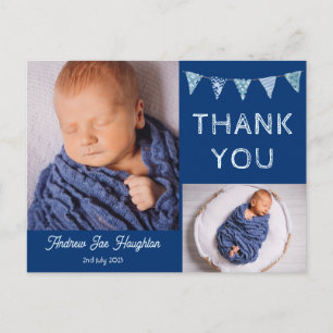 Baby thank you card with photos, blue bunting