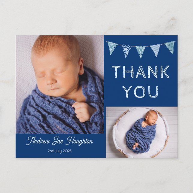Baby thank you card with photos, blue bunting (Front)
