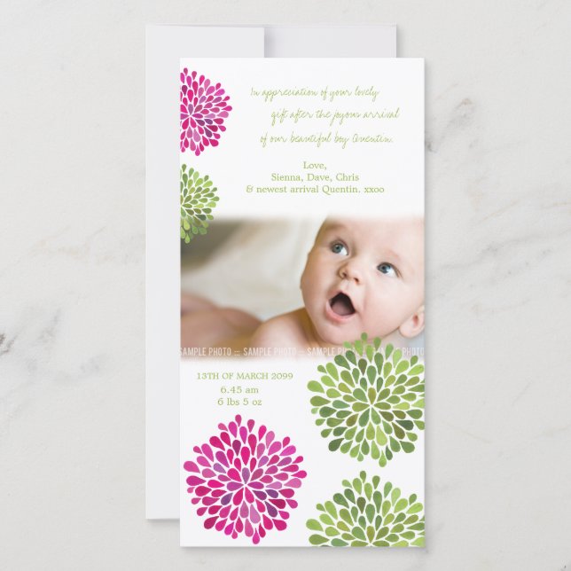 Baby Thank You Hot Pink & Green Blooms Card (Front)