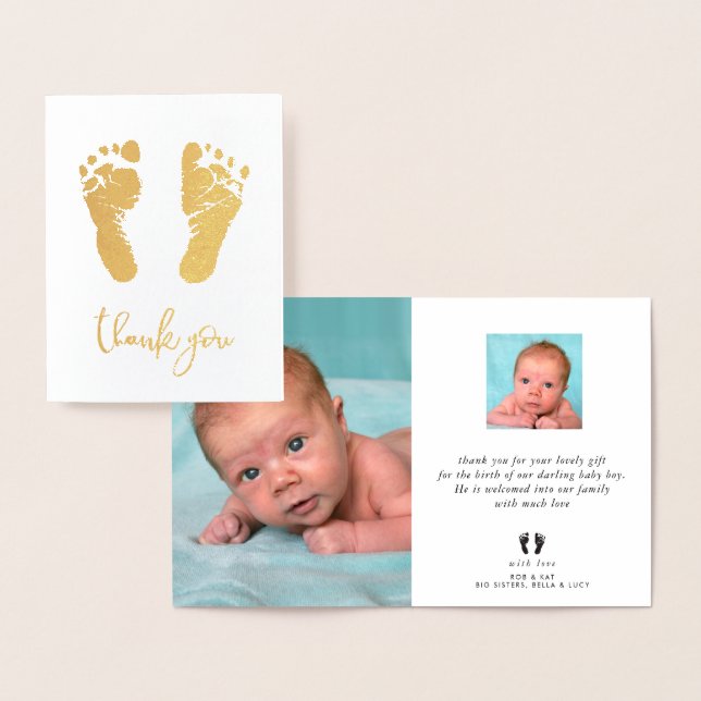 BABY THANK YOU photo cute chubby feet foot prints Foil Card (Display)