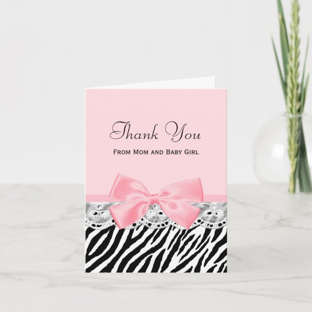 Baby Thank You Pink Ribbon and Lace Zebra Print Card (Front)