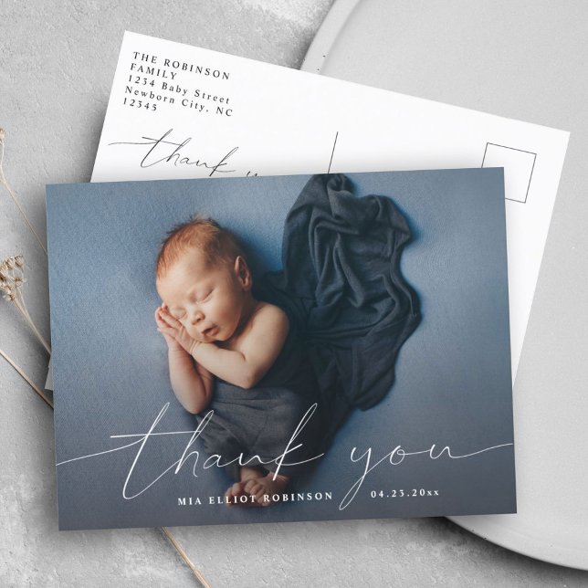 Baby Thank you Shower Modern Calligraphy Photo Ann Announcement Postcard (Creator Uploaded)