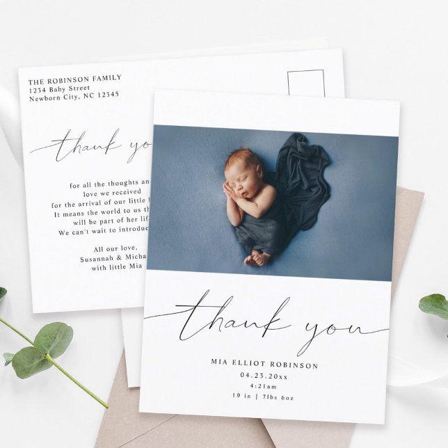 Baby Thank you Shower Modern Calligraphy Photo  Announcement Postcard (Creator Uploaded)