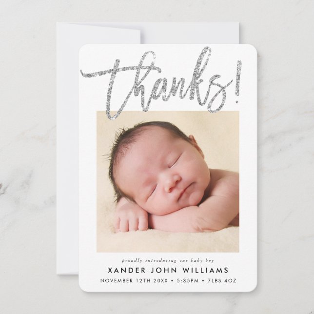 BABY THANKS modern minimal script baby photo Thank You Card (Front)