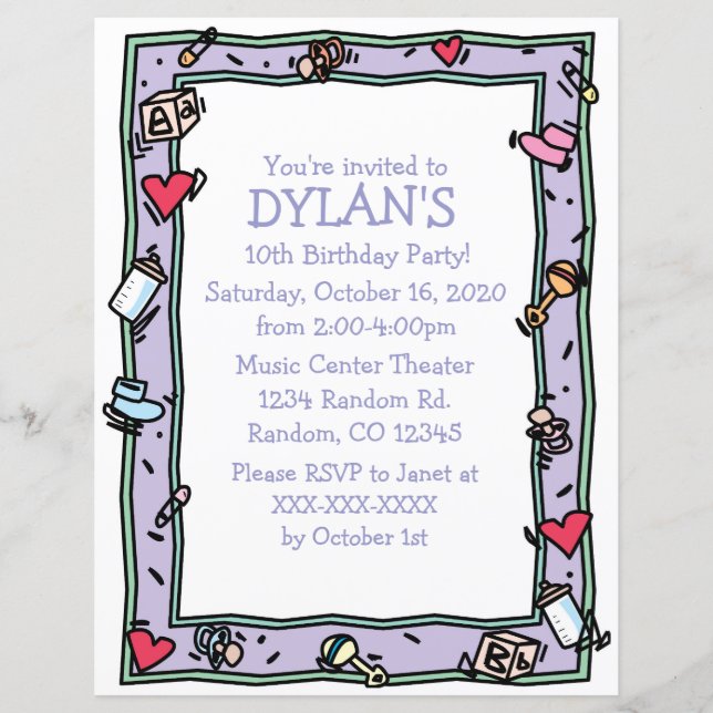 Baby theme birthday party flyer invitations (Front)