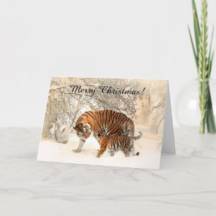 Baby tiger and Tiger mum in a snowy forest Holiday Card