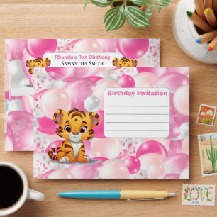 Baby Tiger Birthday Invitation Pink Envelope