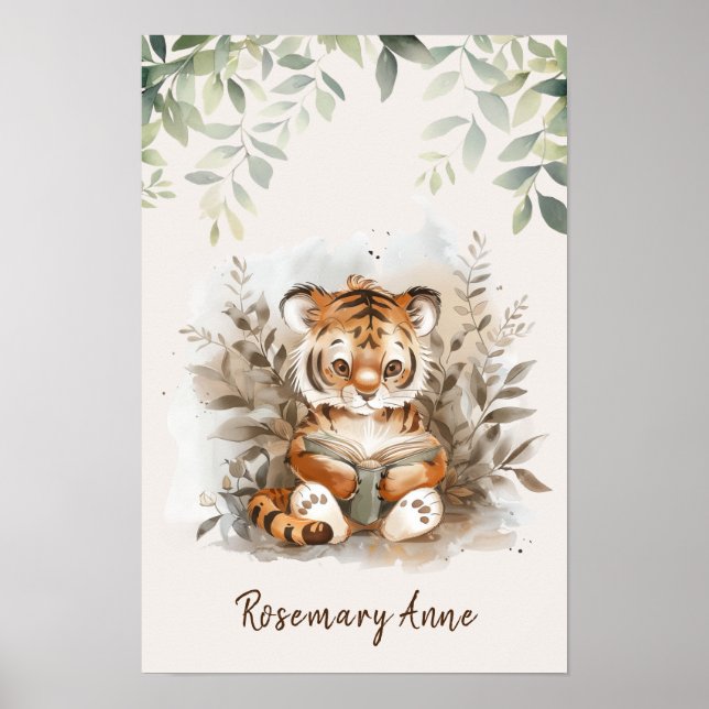 Baby Tiger Reading Books Nursery Jungle Animal  Poster (Front)