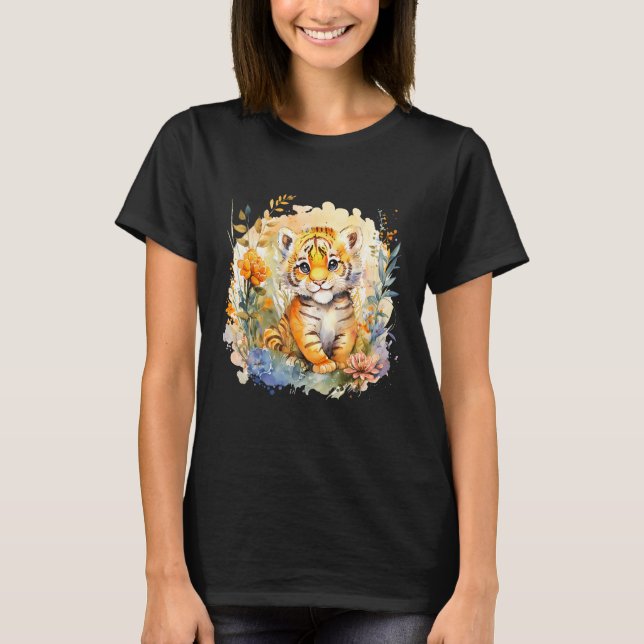 Baby Tiger Safari Animal Watercolor Floral T-Shirt (Front)