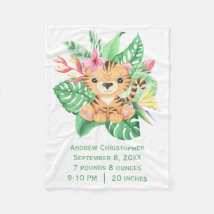 Baby Tiger Tropical Flowers Birth Stats Fleece Blanket