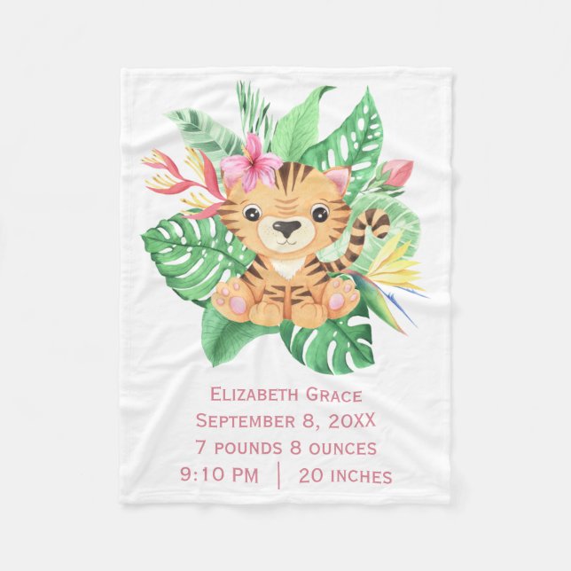 Baby Tiger Tropical Flowers Birth Stats  Fleece Blanket (Front)