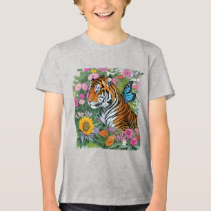 Baby Tiger With Blue Butterfly And Flowers Tri-Blend Shirt