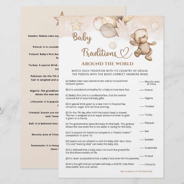 Baby Traditions Baby Bear Baby Shower Game (Front/Back)