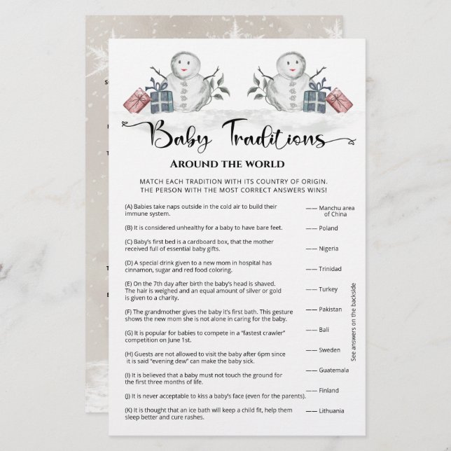 Baby Traditions Snowman Baby Shower Game (Front/Back)