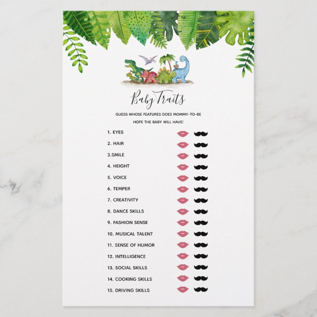 Baby Traits Dinosaur Baby Shower Game (Front)