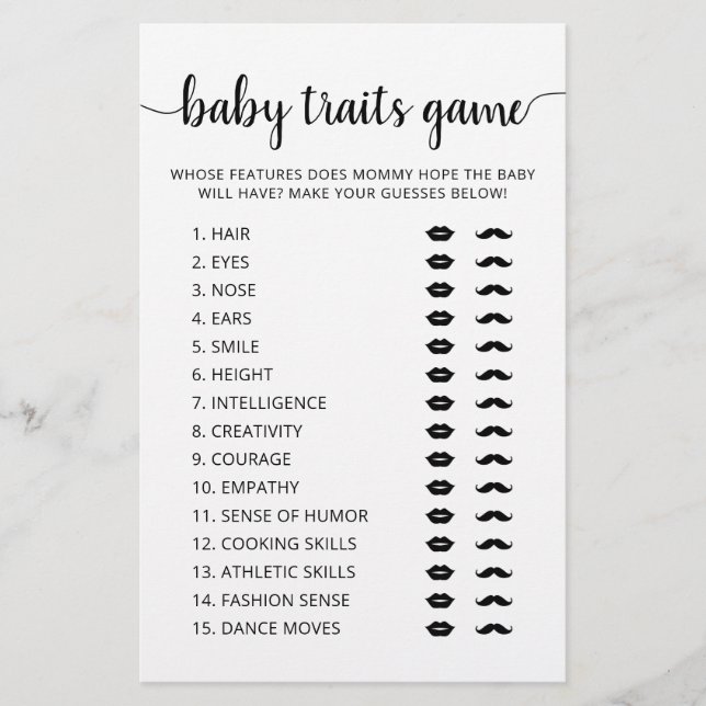 Baby traits game Baby Shower party Game card (Front)