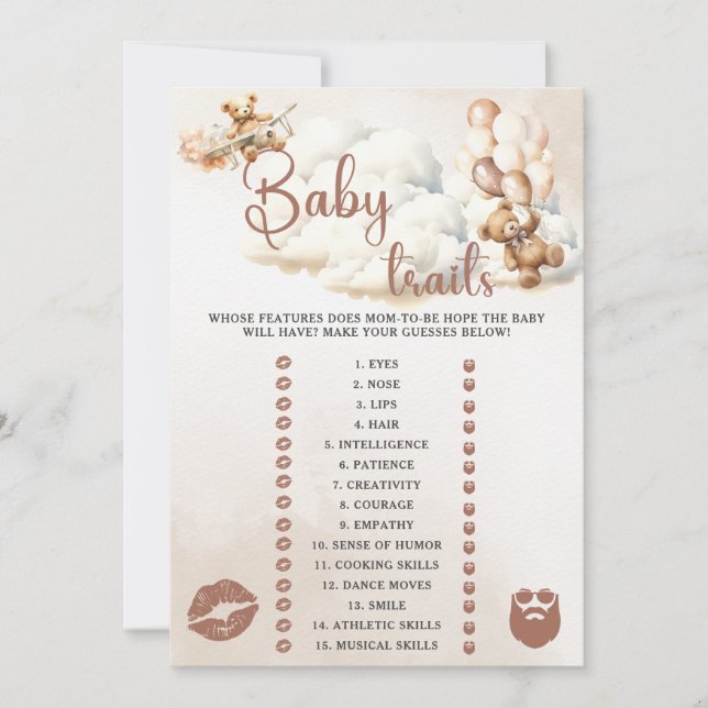 BABY TRAITS GAME Easy Baby Shower Game Cute Bear Invitation (Front)
