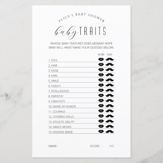 Baby Traits Game, Minimalist Baby Shower Games (Front)
