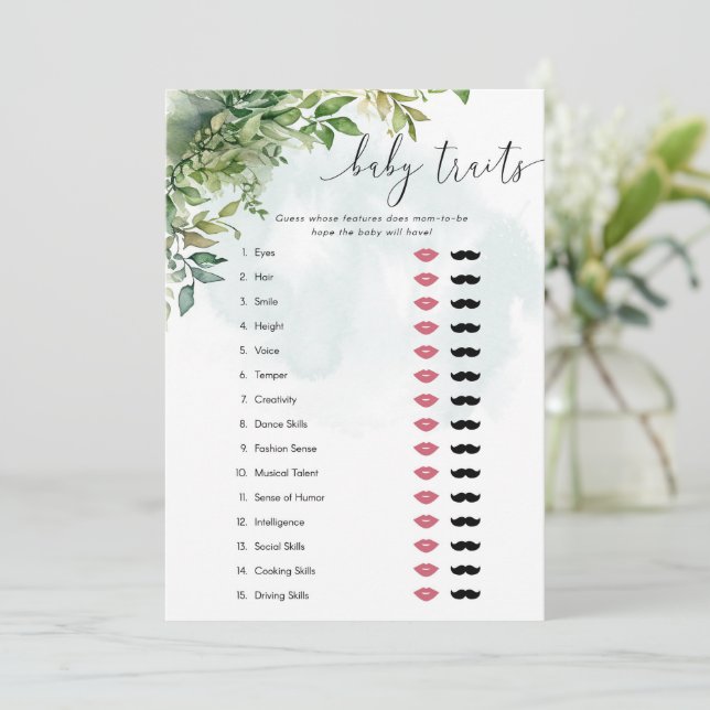 Baby Traits Watercolor Greenery Baby Shower Game Invitation (Standing Front)