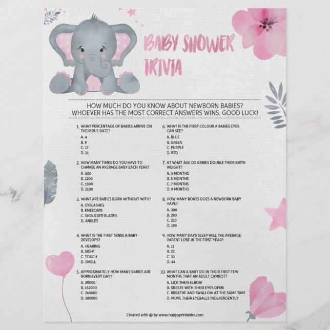 Baby Trivia [Baby Elephant [Pink]] Custom Letterhead (Front)