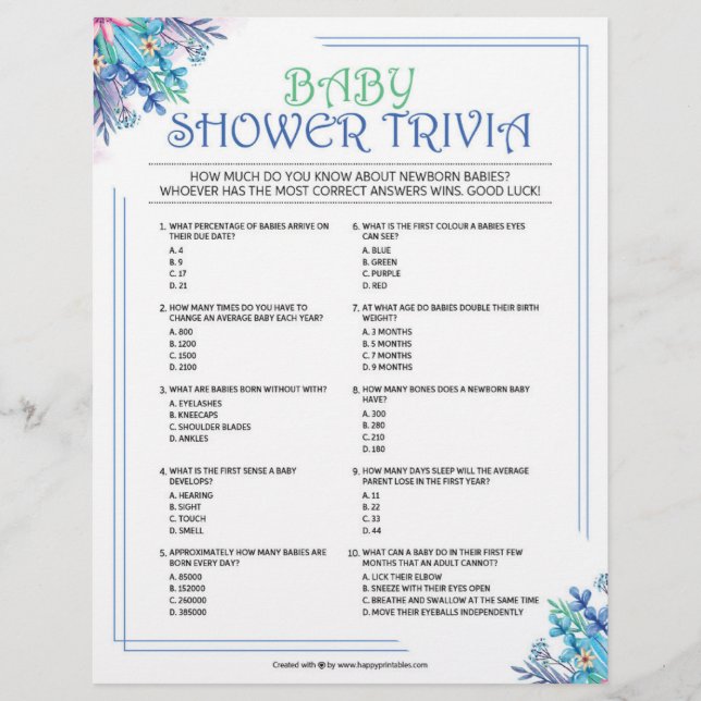 Baby Trivia [Blue Floral] Custom Letterhead (Front)
