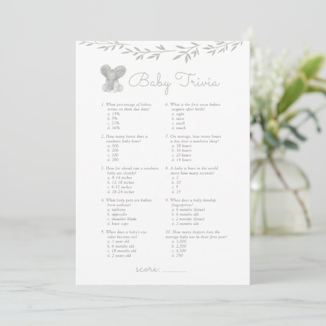 Baby Trivia Elephant Baby Shower Game Invitation (Standing Front)
