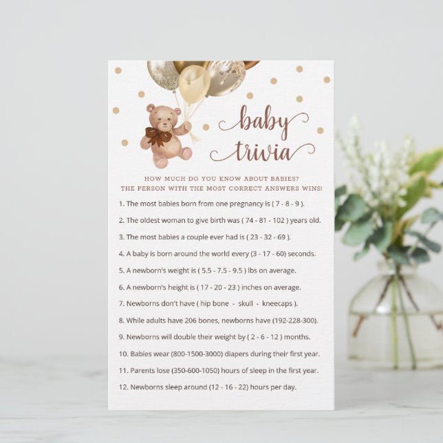 Baby Trivia Game Baby Shower Teddy Bear  (Standing Front)