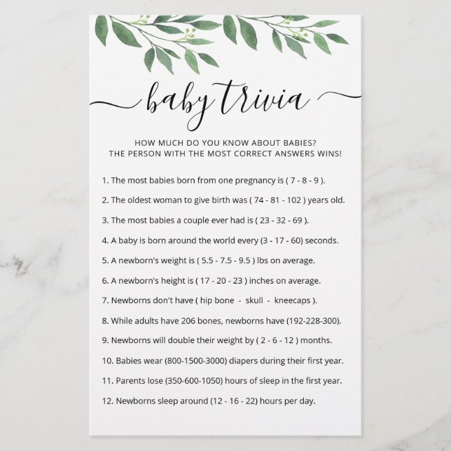 Baby Trivia Game with Answers Baby Shower party (Front)