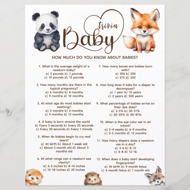 Baby Trivia Woodland Animals Baby Shower Game (Front)
