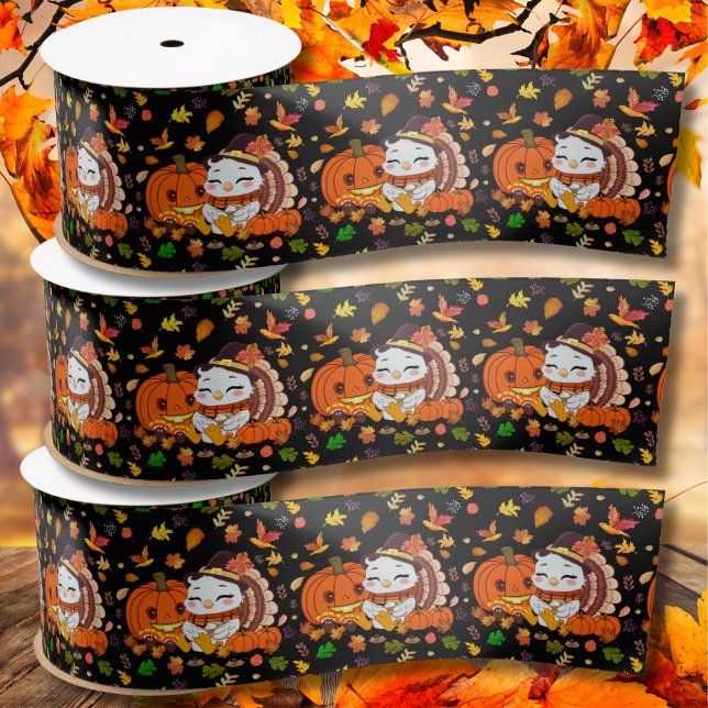Baby Turkey And Pumpkin Celebrating Thanksgiving  Satin Ribbon (Creator Uploaded)