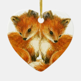 Baby Twin Foxes Ceramic Tree Decoration