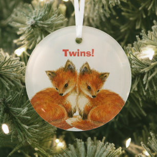 Baby Twin Foxes Glass Tree Decoration