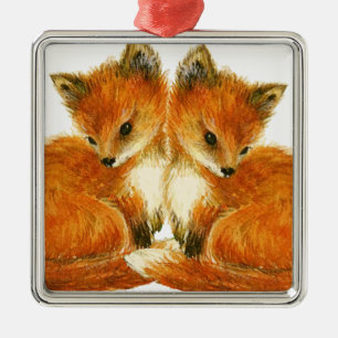 Baby Twin Foxes Metal Tree Decoration